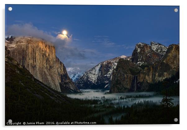 Dramatic moonrise over Yosemite National Park. Acrylic by Jamie Pham