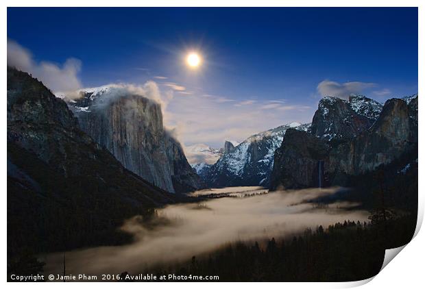 Dramatic moonrise over Yosemite National Park. Print by Jamie Pham
