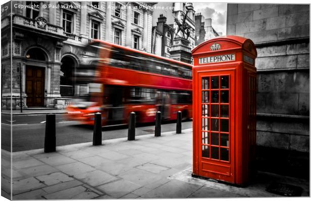 London Bus and Telephone Box in Red Canvas Print by Paul Warburton