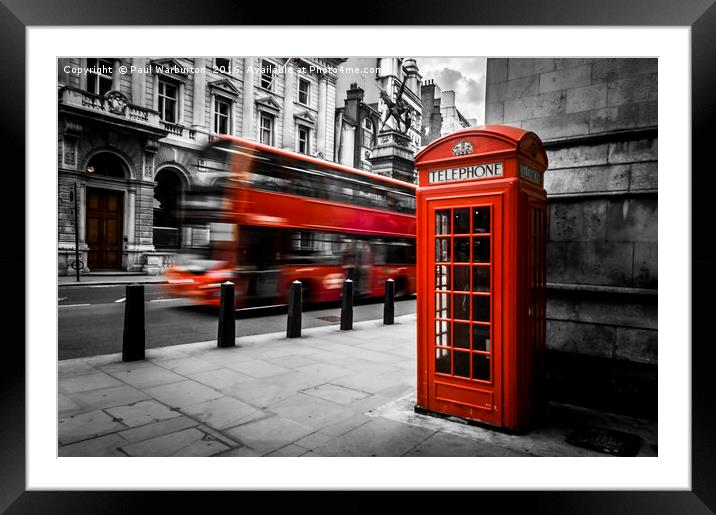 London Bus and Telephone Box in Red Framed Mounted Print by Paul Warburton