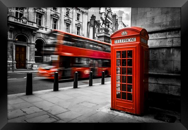 London Bus and Telephone Box in Red Framed Print by Paul Warburton