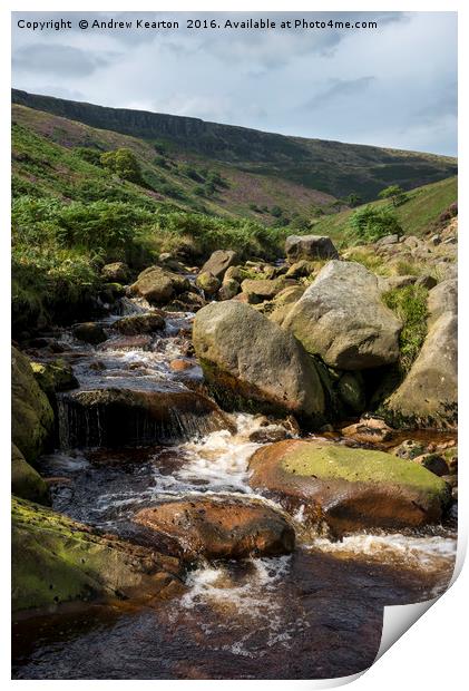 Rocky moorland stream at Crowden, Derbyshire Print by Andrew Kearton