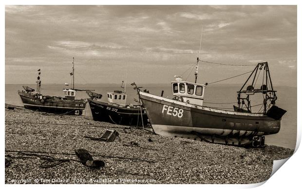 Dungeness yesteryear fishing boats Print by Tom Dolezal