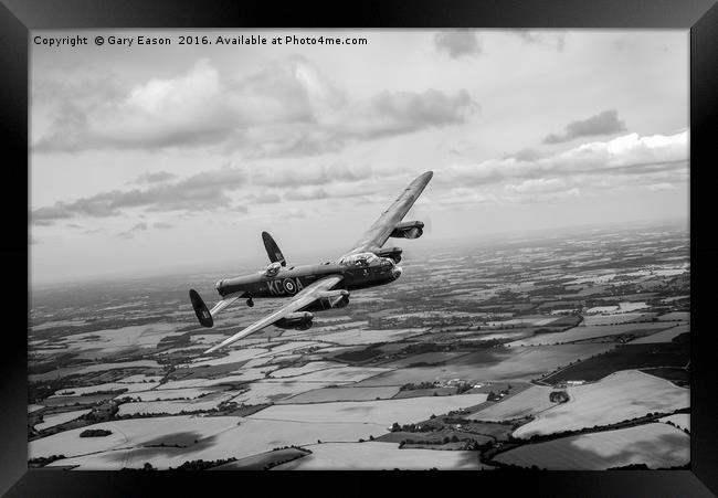 Lancaster PA474 over England B&W version Framed Print by Gary Eason