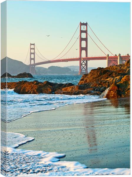 World famous Golden Gate Bridge with a scenic beac Canvas Print by Jamie Pham
