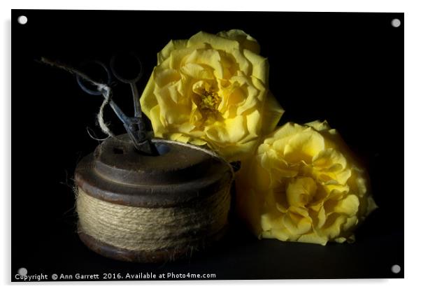 Two Yellow Roses and a Reel of String Acrylic by Ann Garrett