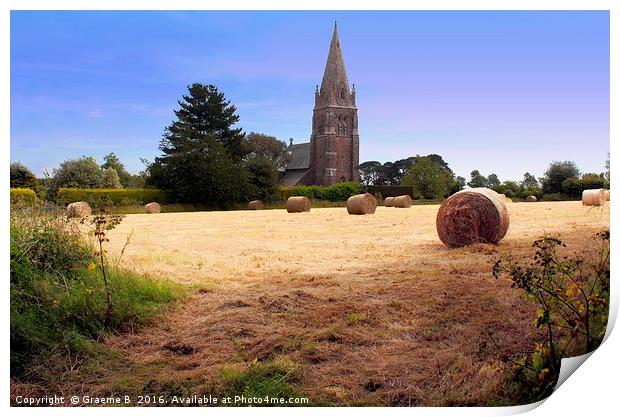 Hay roll and church Print by Graeme B