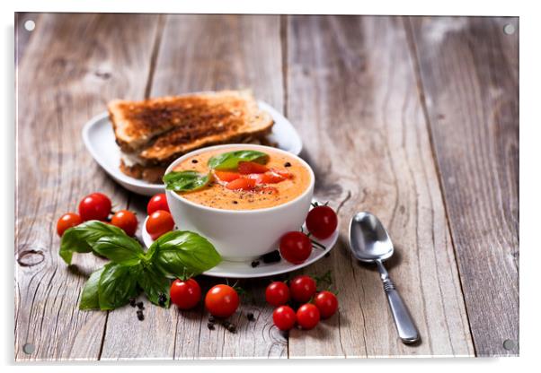 Fresh bowl of creamy tomato soup and sandwich with Acrylic by Thomas Baker