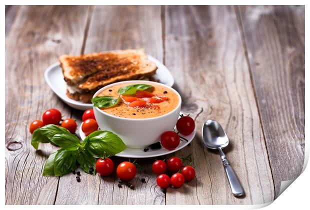 Fresh bowl of creamy tomato soup and sandwich with Print by Thomas Baker