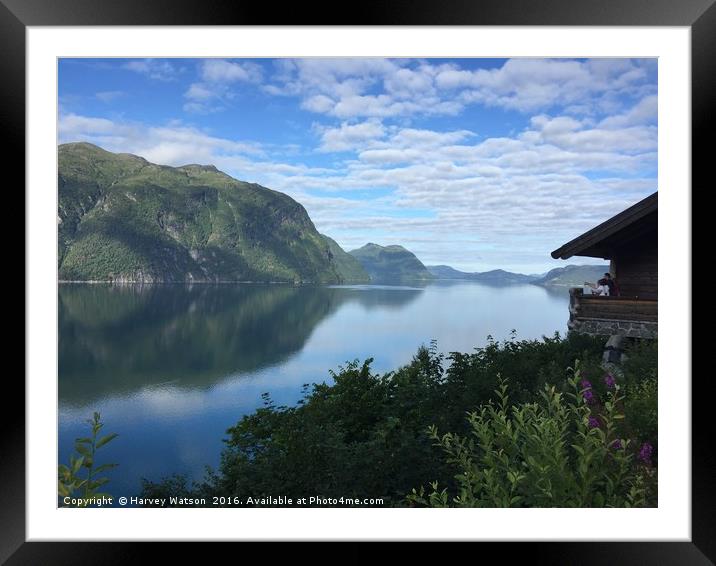 Peaceful fiord reflections  Framed Mounted Print by Harvey Watson