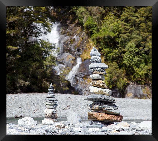 Stone Piles at Fantail Falls, New Zealand Framed Print by Jackie Davies