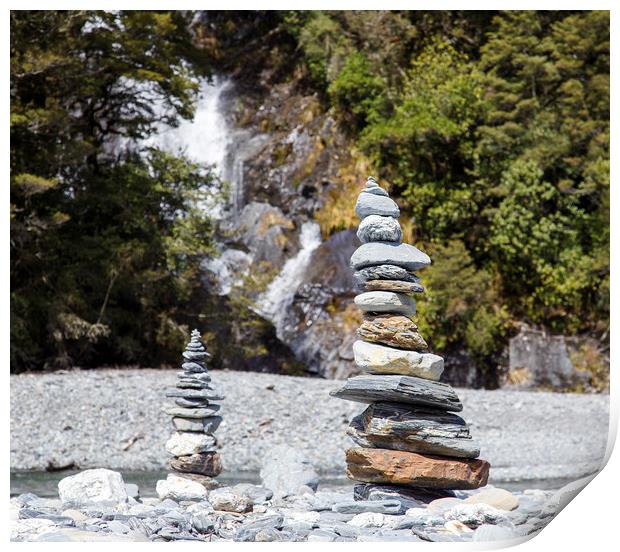 Stone Piles at Fantail Falls, New Zealand Print by Jackie Davies