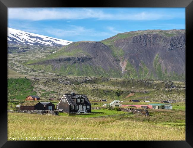 Black wooden house at Arnastapi, Iceland Framed Print by JUDI LION