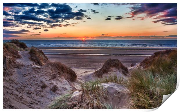 Sunset over Formby Beach through dunes Print by Steve Heap