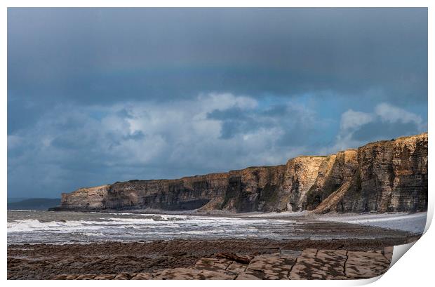 Nash Cliffs and pale Rainbow Glamorgan Coast Wales Print by Nick Jenkins