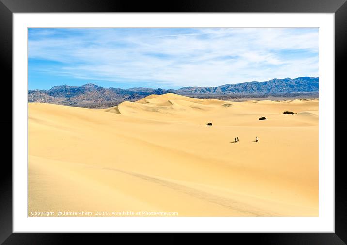 Three people walking across the sand dunes in Deat Framed Mounted Print by Jamie Pham