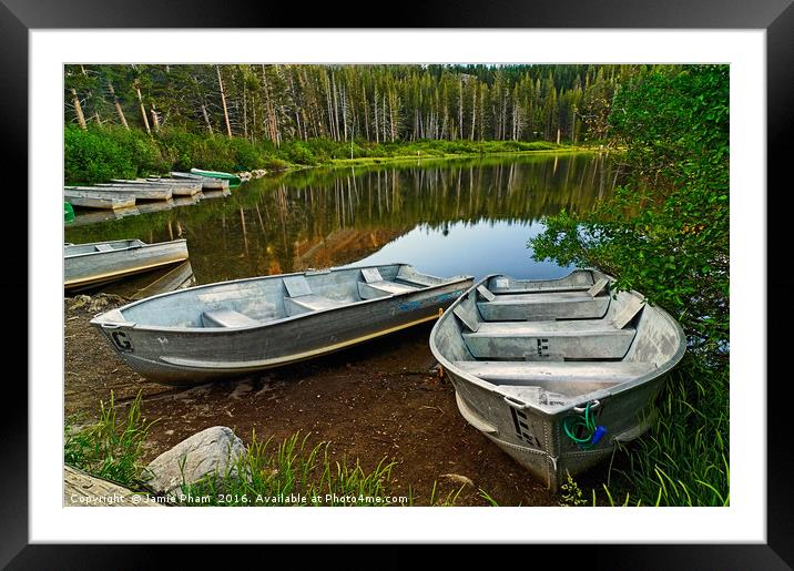 Row Boats lining a lake Framed Mounted Print by Jamie Pham