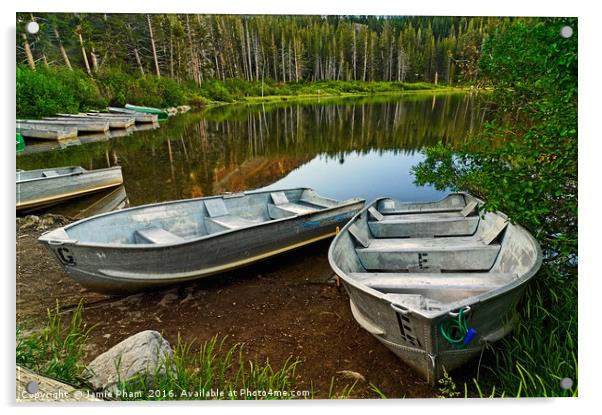 Row Boats lining a lake Acrylic by Jamie Pham