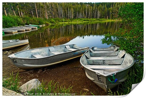 Row Boats lining a lake Print by Jamie Pham