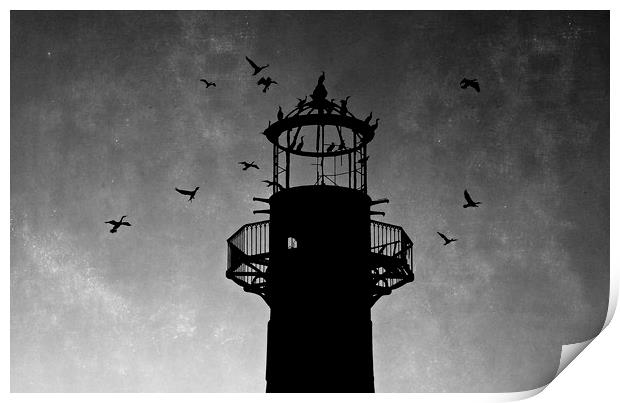 Lighthouse at sunset in silhouette  Print by Jackie Davies