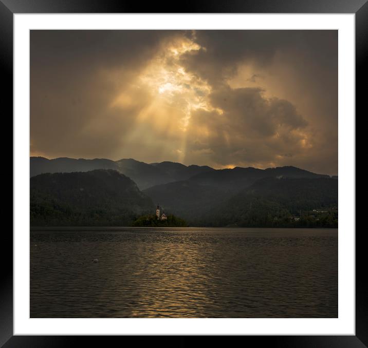 Sunset over Lake Bled Island Framed Mounted Print by Ceri Jones