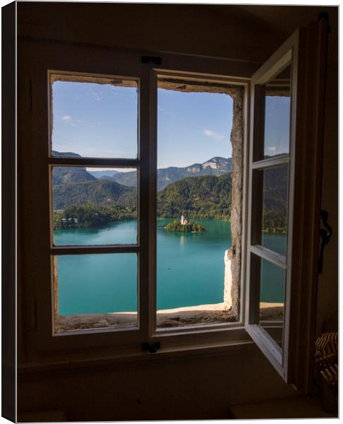 Window View - Lake Bled Canvas Print by Ceri Jones