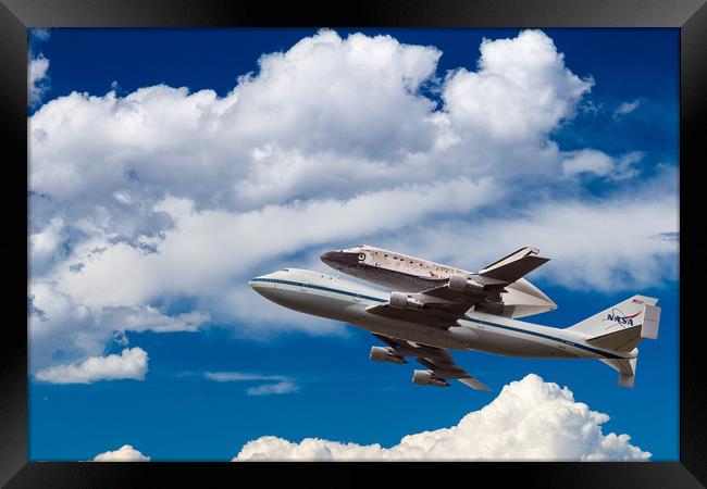 Space Shuttle Discovery flies into clouds Framed Print by Steve Heap