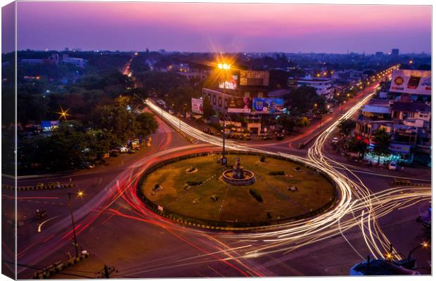 Light trails at Medical Square, Nagpur Canvas Print by Indranil Bhattacharjee