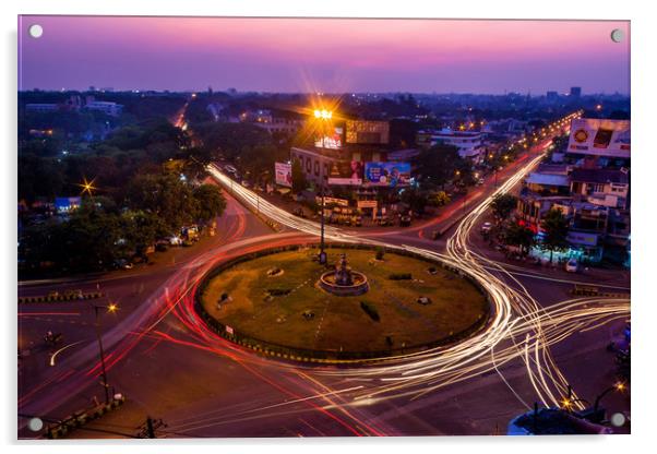 Light trails at Medical Square, Nagpur Acrylic by Indranil Bhattacharjee