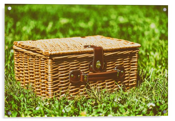 Picnic Basket Hamper With Leather Handle In Green  Acrylic by Radu Bercan