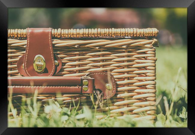 Picnic Basket Hamper With Leather Handle In Green  Framed Print by Radu Bercan