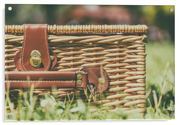 Picnic Basket Hamper With Leather Handle In Green  Acrylic by Radu Bercan