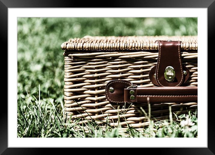Picnic Basket Hamper With Leather Handle In Green  Framed Mounted Print by Radu Bercan