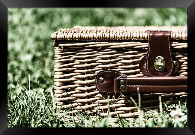 Picnic Basket Hamper With Leather Handle In Green  Framed Print by Radu Bercan