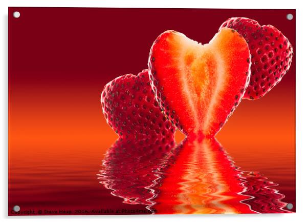 Fresh sliced strawberry in heart shape reflected Acrylic by Steve Heap