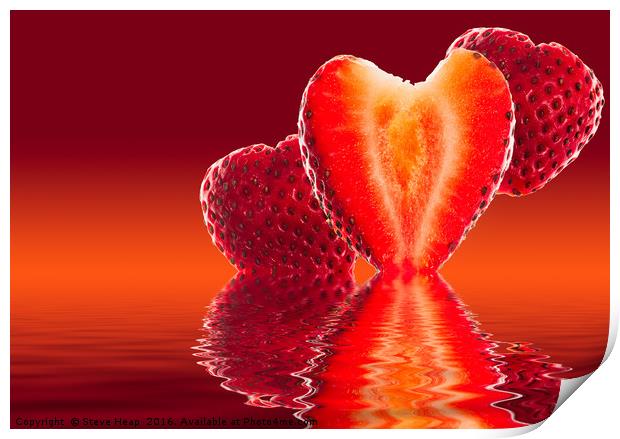 Fresh sliced strawberry in heart shape reflected Print by Steve Heap