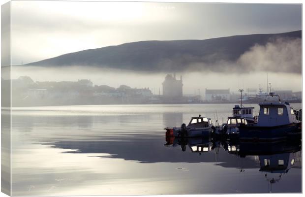 Early Morning Mist Over Scalloway, Shetland. Canvas Print by Anne Macdonald