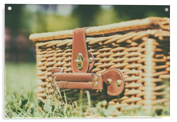 Picnic Basket Hamper With Leather Handle In Green  Acrylic by Radu Bercan