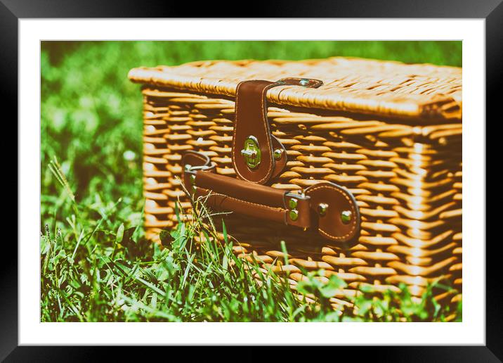 Picnic Basket Hamper With Leather Handle In Green  Framed Mounted Print by Radu Bercan