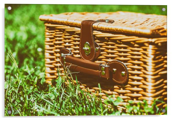 Picnic Basket Hamper With Leather Handle In Green  Acrylic by Radu Bercan