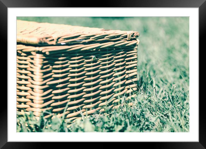 Picnic Basket Hamper With Leather Handle In Green  Framed Mounted Print by Radu Bercan