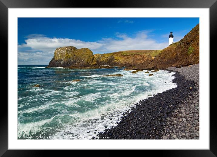 Yaquina Lighthouse on top of rocky beach Framed Mounted Print by Jamie Pham