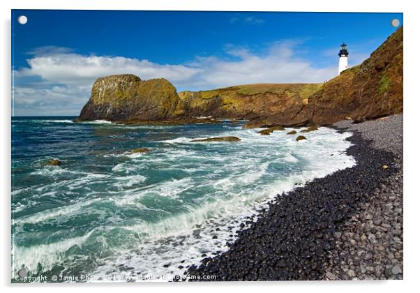 Yaquina Lighthouse on top of rocky beach Acrylic by Jamie Pham