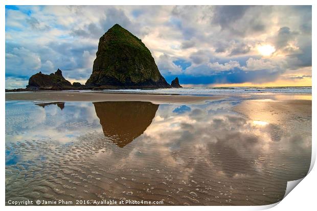 Cannon Beach with storm clouds in Oregon Print by Jamie Pham
