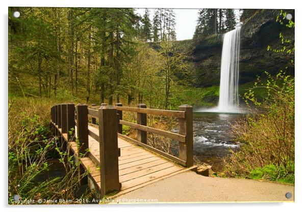 Lower South Falls with footbridge. Acrylic by Jamie Pham