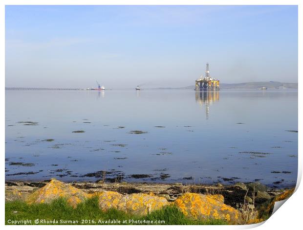 Udale Bay, RSPB reserve and oil rigs Print by Rhonda Surman