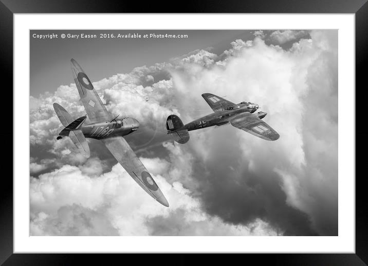 The Chase: Spitfire pursuing Heinkel, B&W version Framed Mounted Print by Gary Eason