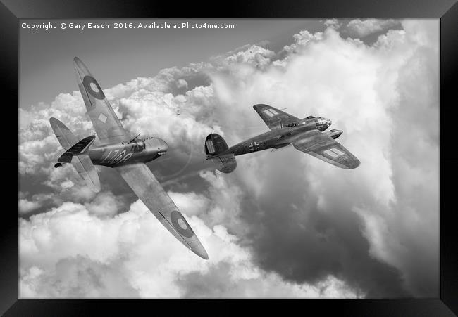 The Chase: Spitfire pursuing Heinkel, B&W version Framed Print by Gary Eason