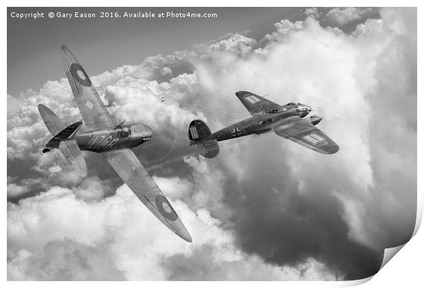 The Chase: Spitfire pursuing Heinkel, B&W version Print by Gary Eason