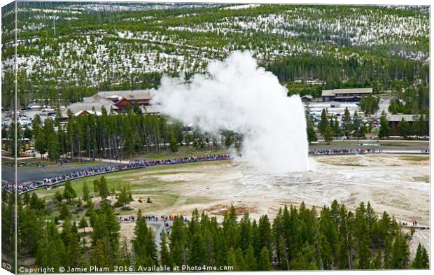 Overhead View of Old Faithful Erupting. Canvas Print by Jamie Pham